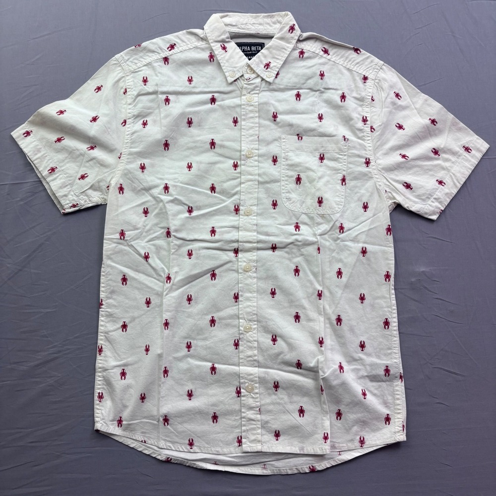 Alpha‎ Beta Mens Small White Red Lobster Print Short Sleeve Button Down Shirt